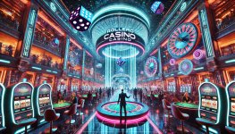 berpunk city at night. The entrance is grand, with massive holographic dice and spinnin.JPG